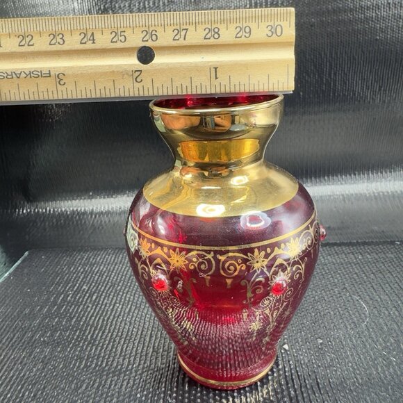 Venetian Art Glass Vase Vessel Hand Painted Gold Accents Attached Jewels Vase - Picture 3 of 10